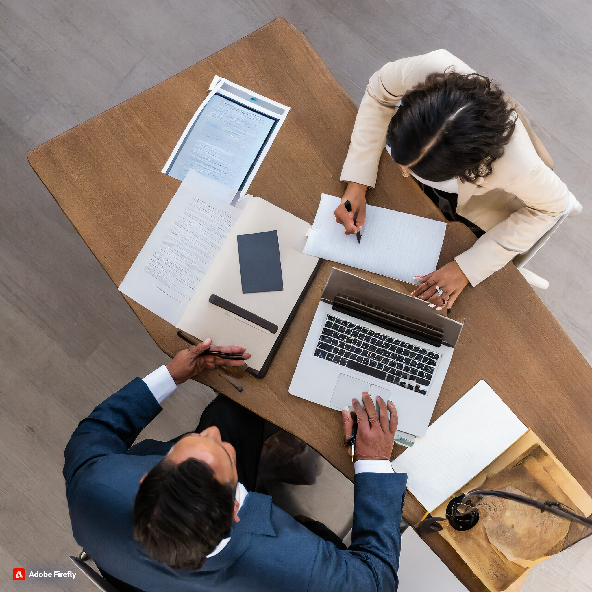 gente trabajando en un escritorio visto desde arriba con una computadora y papeles