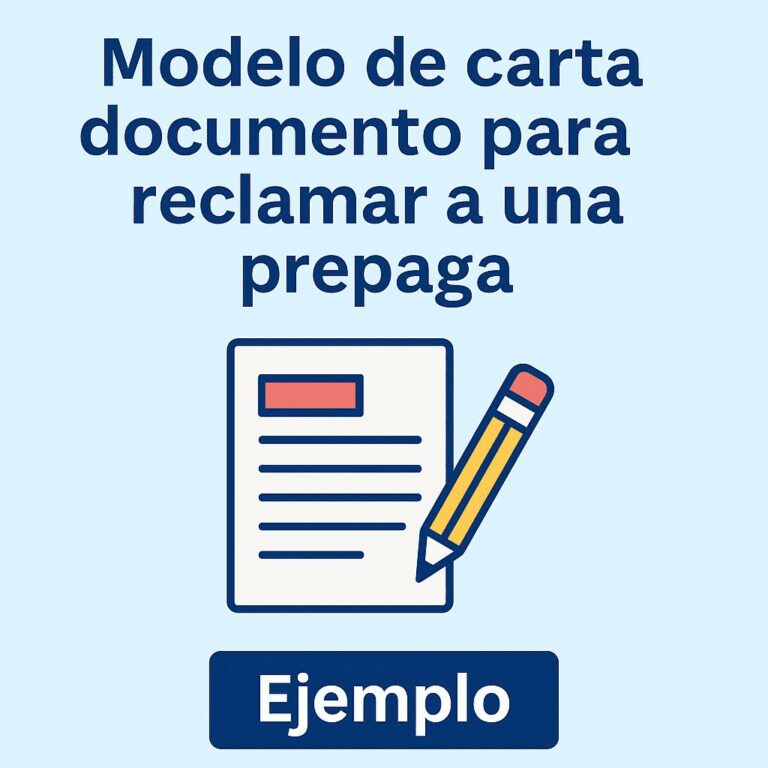 Imagen ilustrativa con el texto “Modelo de carta documento para reclamar a una prepaga”, acompañada de un ícono de documento con lápiz y un botón que dice “Ejemplo”. Ideal para blog sobre reclamos legales a prepagas.