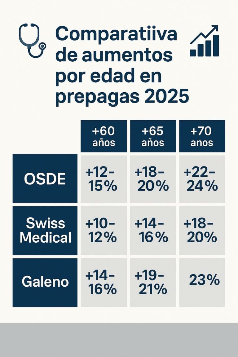 Comparativa de aumentos por edad en prepagas en 2025: tabla con porcentajes de incremento en OSDE, Swiss Medical y Galeno para mayores de 60, 65 y 70 años.